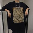 Detachable Leopard Print Elbow-sleeve T-shirt Black - One Size