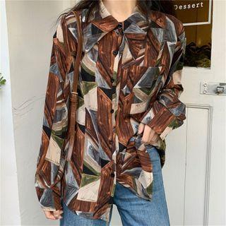 Geometric Print Shirt Brown & Green & Beige - One Size