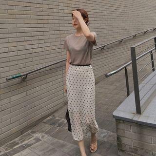 Short-sleeve Plain T-shirt / Dotted Midi Pencil Skirt