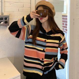 Long-sleeve Striped Color Block Button-up Cardigan Stripe - Rainbow Colour - One Size
