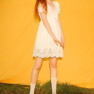 Puff-sleeve V-neck Lace A-line Dress