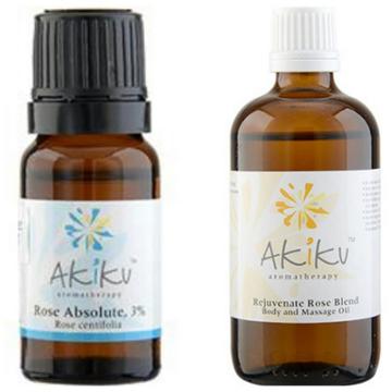 Akiku Aroma - Morroco Rose Face & Body Care Value Set : Rejuvenate Rose Blend Body & Massage Oil + Morroco Rose Absolute, Light (3%) Pure Essential Oil 2 Pcs