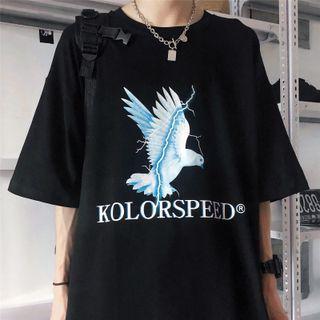 Elbow-sleeve White Dove Print T-shirt