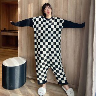 Long-sleeve Check Panel Fleece Sleep Jumpsuit