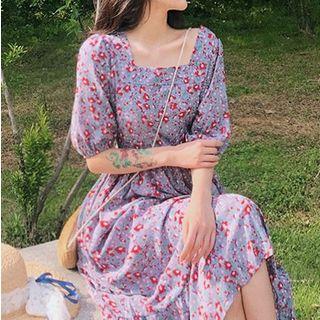 Floral Print Square-neck Short-sleeve Dress Purplish Blue - One Size