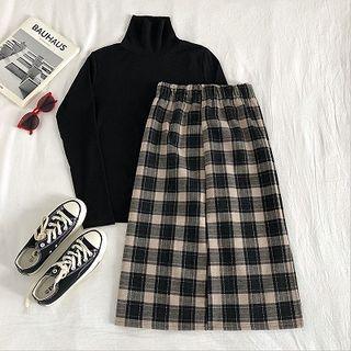 Color-block Plaid High-waist Skirt As Shown In Figure - One Size
