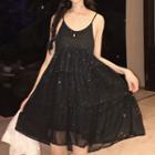 Glitter Spaghetti-strap Mini A-line Dress Dress - Black - One Size