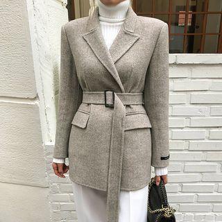 Handmade Belted Woolen Herringbone Blazer