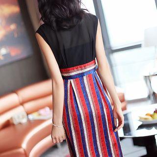 Striped Sleeveless A-line Midi Chiffon Dress