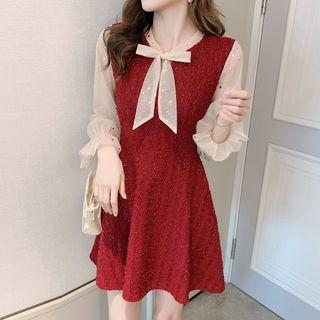 Long-sleeve Bow-neck Mini A-line Dress