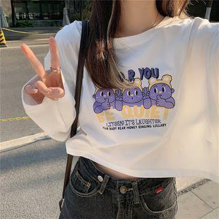 Long-sleeve Monster Print Cropped T-shirt