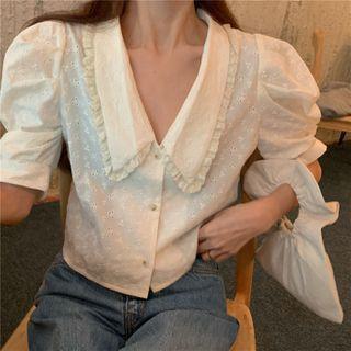 Collared Puff-sleeve Blouse Almond - One Size