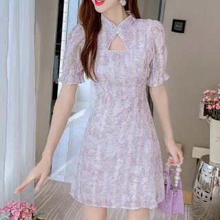 Short-sleeve Floral Lace Mini A-line Qipao Dress