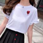 Frill Trim Short-sleeve Heart Embroidered T-shirt