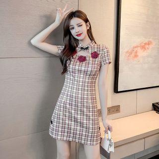 Mandarin Collar Short-sleeve Plaid Cutout Mini Sheath Dress