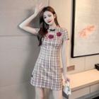 Mandarin Collar Short-sleeve Plaid Cutout Mini Sheath Dress