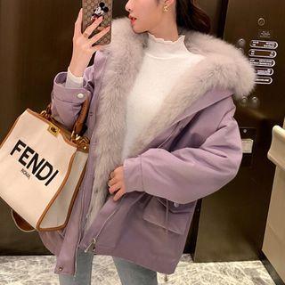Drawstring Waist Furry Trim Parka Coat