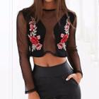 Long-sleeve Floral Embroidery Mesh Top