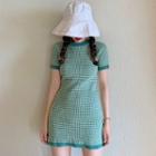 Plaid Short-sleeve Mini Knit Sheath Dress Green - One Size