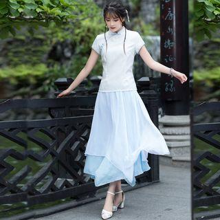 Set: Contrast Trim Short Sleeve Cheongsam Top + Midi Skirt
