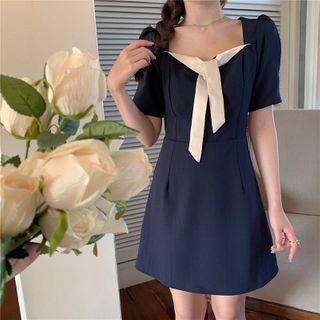 Short-sleeve Tie-neck A-line Dress Navy Blue - One Size