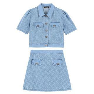 Set: Short-sleeve Denim Jacket + Skirt Blue - One Size