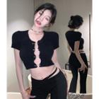 Short-sleeve Pin Accent Cropped Knit Top / Plain Flared Pants