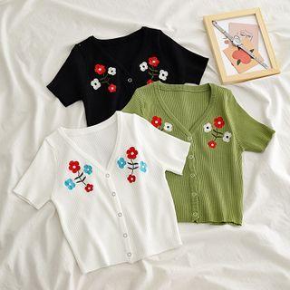 Floral Embroidered Short-sleeve Ribbed Knit Cardigan