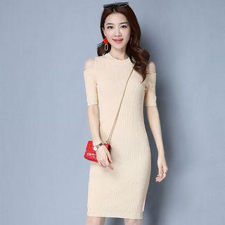 Elbow-sleeve Shoulder Cut Out Sheath Dress