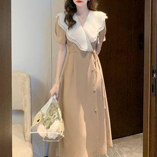 Short-sleeve Sailor Collar Midi Wrap Dress