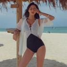 Set: Plain Bikini Top + Two-tone Panel Bottom + Cover-up Jacket