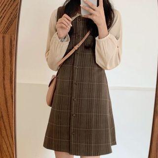 Long-sleeve Shirt / Plaid Mini A-line Pinafore Dress
