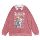 Cartoon Print Collared Sweatshirt Pink - One Size