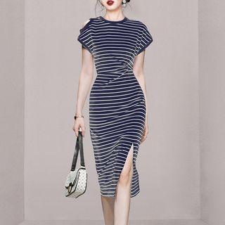 Cold-shoulder Striped Slit Midi Bodycon Dress