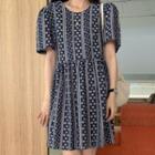 Short Sleeve Printed Dress Navy Blue - One Size