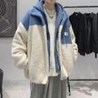 Mock Two-piece Hooded Fleece Zip-up Jacket