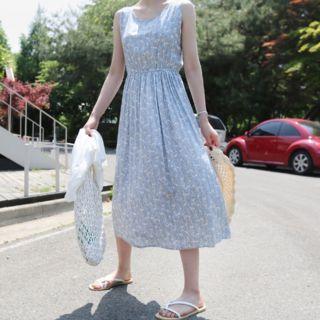 Patterned Gathered-waist Long Dress Blue - One Size