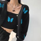 Butterfly-embroidered Cropped Camisole Top / Cardigan