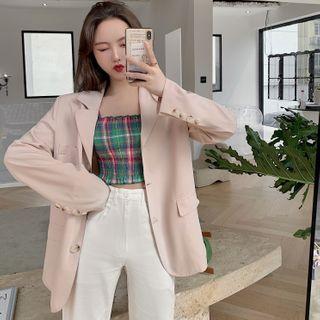 Plain Blazer / Plaid Smocked Tube Top / Wide Leg Pants