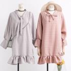 Tie-neckline Ruffled-hem Plaid Dress