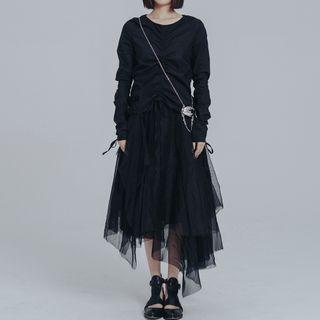 Puff-sleeve Drawstring Asymmetrical A-line Mesh Dress