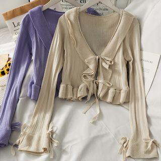 Tie-front Ruffled-trim Crop Knit Top
