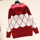 Two-tone Argyle Knit Hoodie Red - One Size