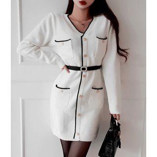 V-neck Pocket-detail Mini Knit Dress
