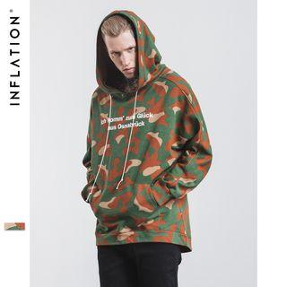 Oversized Brushed Fleece-lined Lettering Hooded Camo Pullover