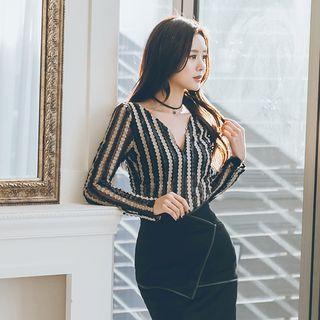 V-neck Mesh Panel Faux Leather Top