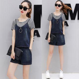 Set: Short-sleeve T-shirt + Denim Camisole Top + Denim Shorts