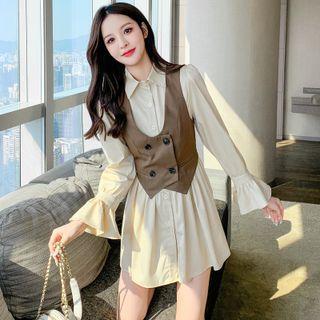 Set: Bell-sleeve Mini A-line Shirtdress + Double-breasted Vest