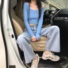 Frilled Long-sleeve Slim-fit Cropped T-shirt