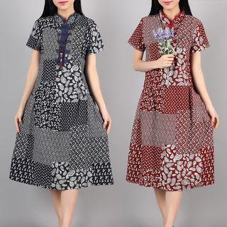 Patterned Panel Mandarin Collar Short Sleeve Dress